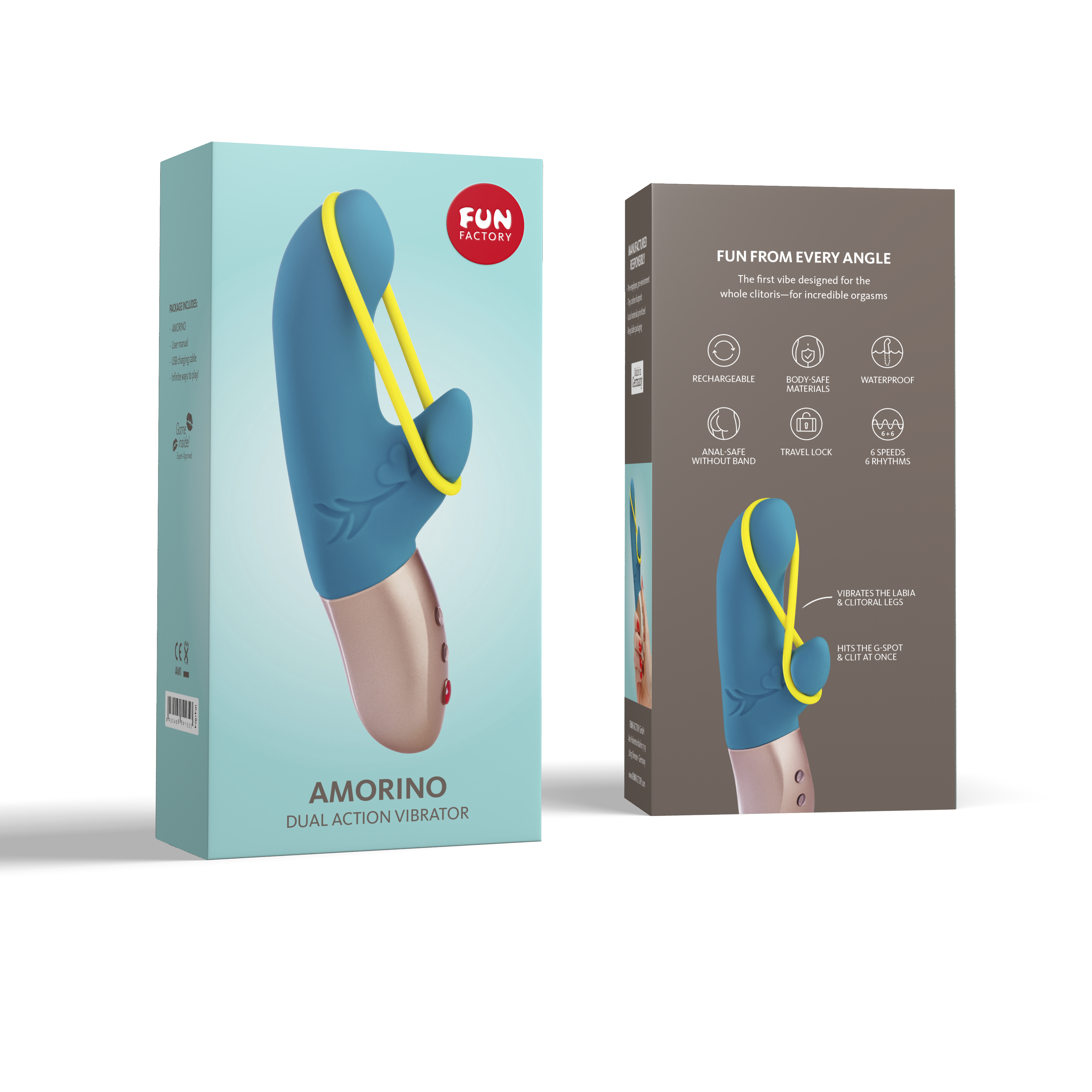O Vibrador Duplo Amorino Rabbit é um brinquedo de silicone da marca Fun Factory que auxilia na tripla estimulação feminina, sendo um estimulador penetrável para o Ponto G, um estimulador de clitóris e, com um elástico preso às duas extremidades durante a penetração, estimular toda a genitália, grandes e pequenos lábios.
